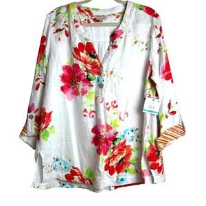 John Mark Womens 0X White Linen Floral Tunic Blouse Boho Summer NWT
